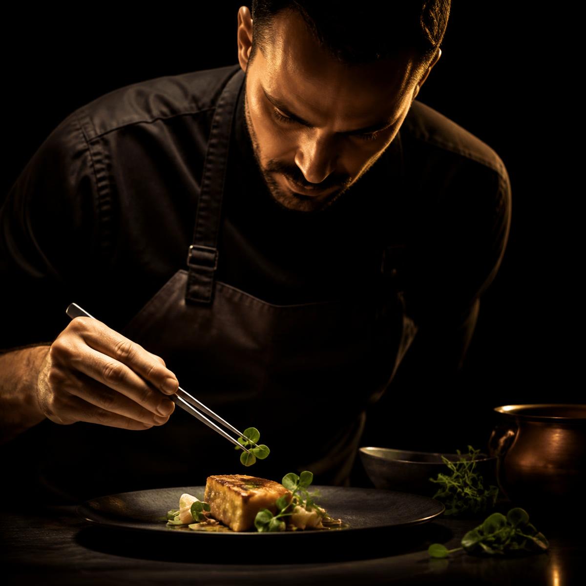 Chef finalizando um prato em restaurante
