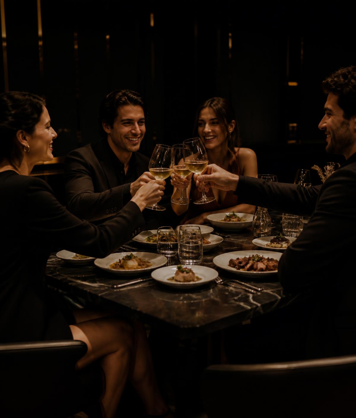 Clientes brindando em um restaurante sofisticado
